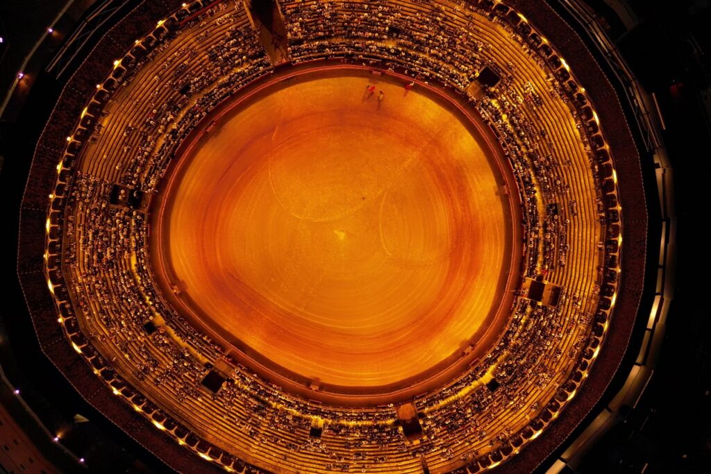 A Spanish bullring seen from directly above at night