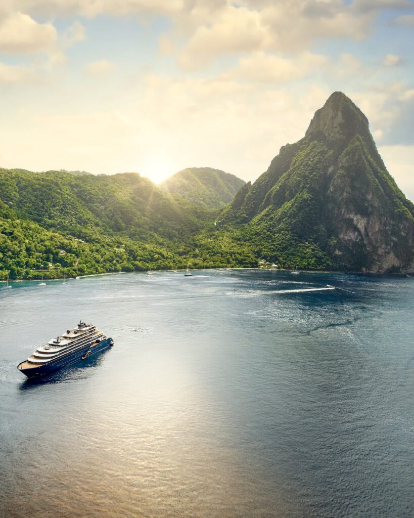 A small luxury ship arriving beneath the Pitons, Saint Lucia
