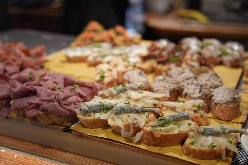 Cicchetti on the counter of a bar in Venice